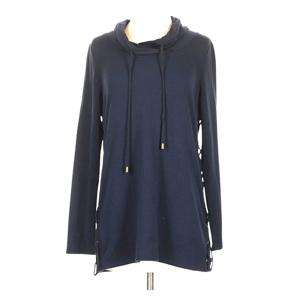 CHICO'S ZENERGY Navy Blue Knit Top DRAWSTRING LACE-UP SIDES TUNIC Cowl Neck M/1